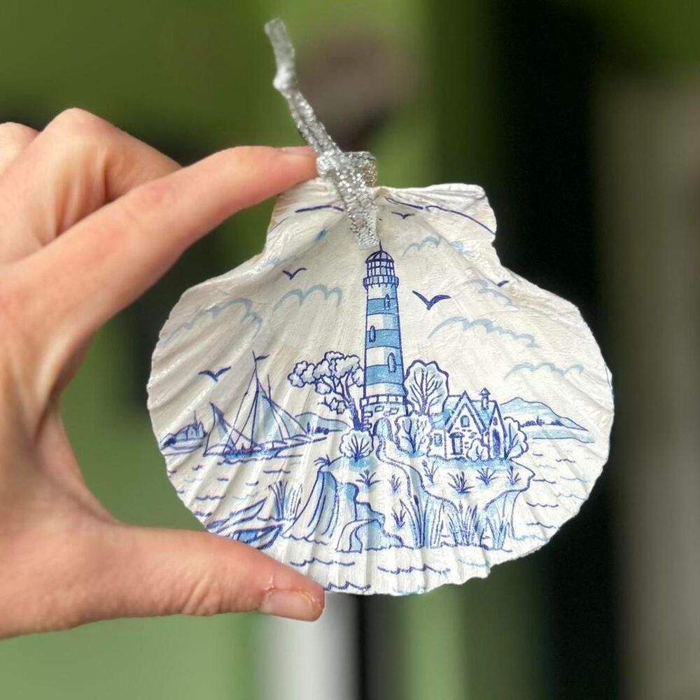 Hand Crafted Seashell Lighthouse + Sailt Boat Still Life Scene Hanging Charming